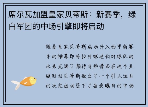 席尔瓦加盟皇家贝蒂斯：新赛季，绿白军团的中场引擎即将启动